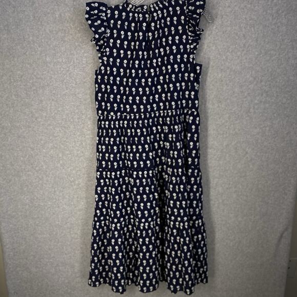 💙 J Crew Womens Medium Petite Navy Floral Tiered Midi Dress Pockets 💙 - Picture 2 of 14